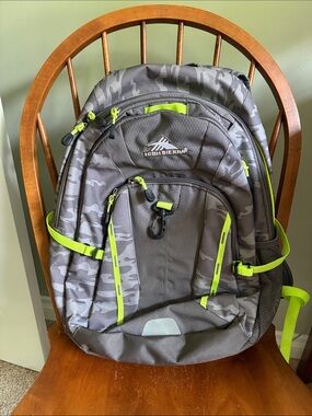 High Sierra Gray Camo Backpack with Neon Yellow Accents, Like New!